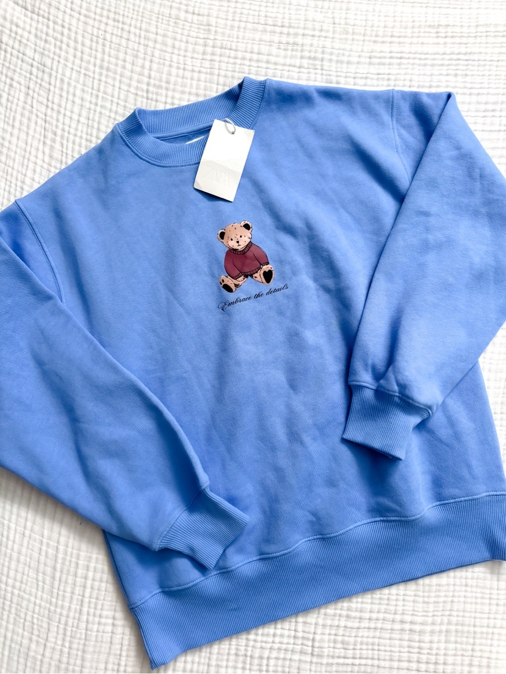 NWT Zara Kids Blue Teddy Embrace The Details Crewneck
